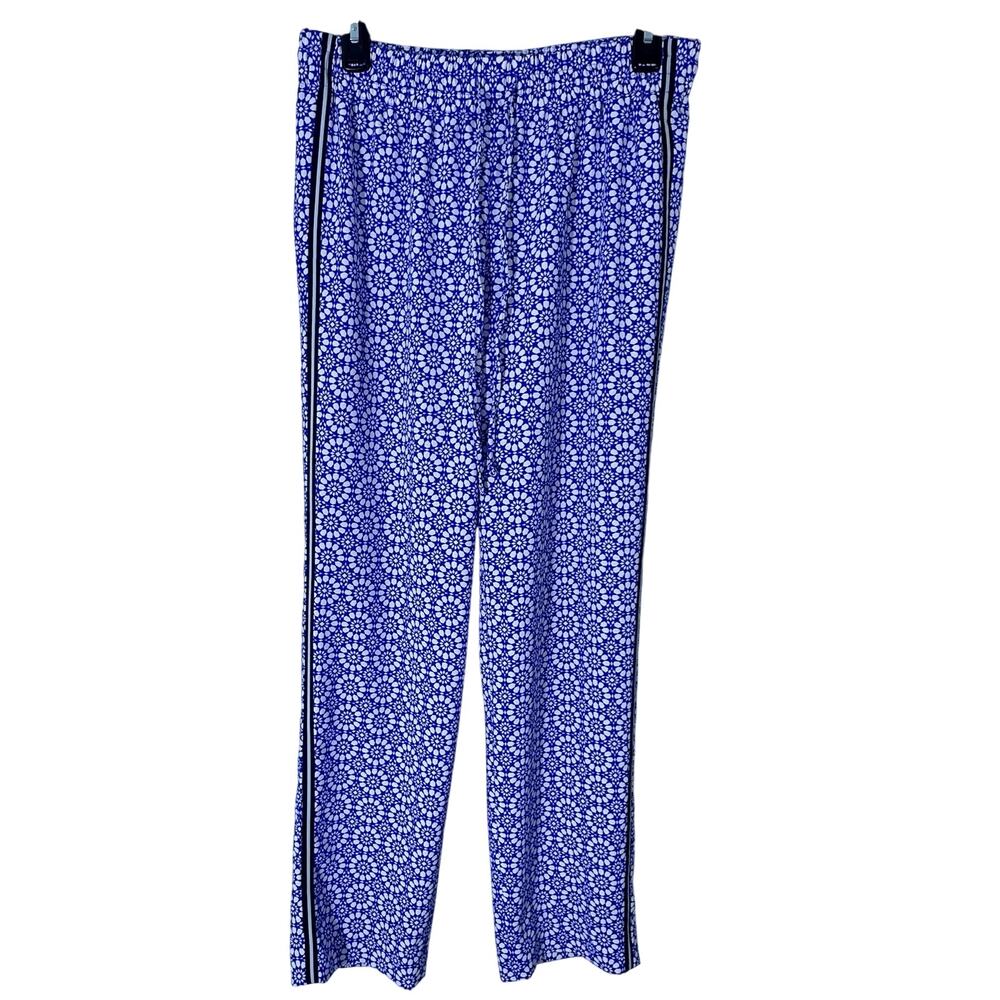 Talbots Mykonos Geometric Tile Pants S Blue White Sporty Tuxedo Stripe Resort
